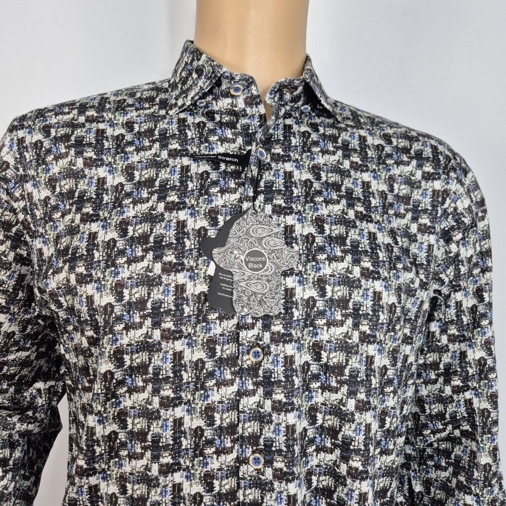 Visconti Black Button Up Flip Cuff Long Sleeve Shirt Men's Size S Black White (8